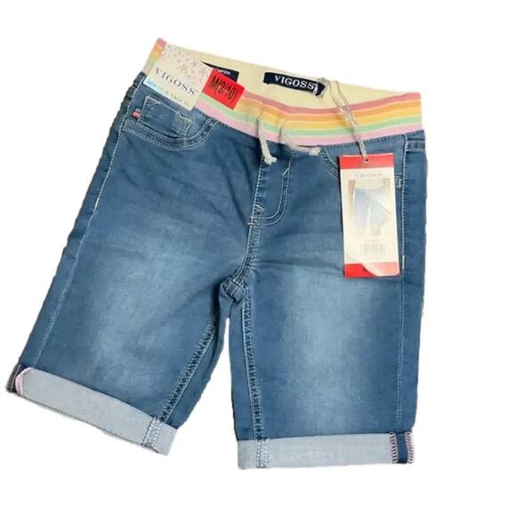 Vigoss Girls Jeans Shorts Bermuda Blue Cuff Rainbow Waistband Sz Medium 9/10 NEW - Picture 1 of 3